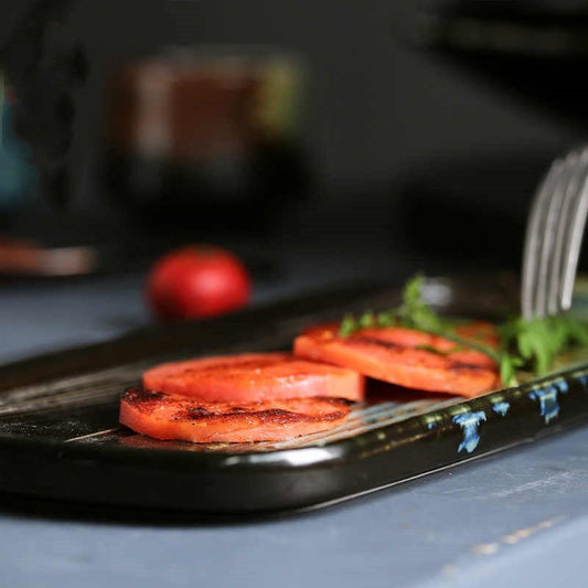 Rectangular Ceramic Sushi Platter - Wood-Grain Glaze