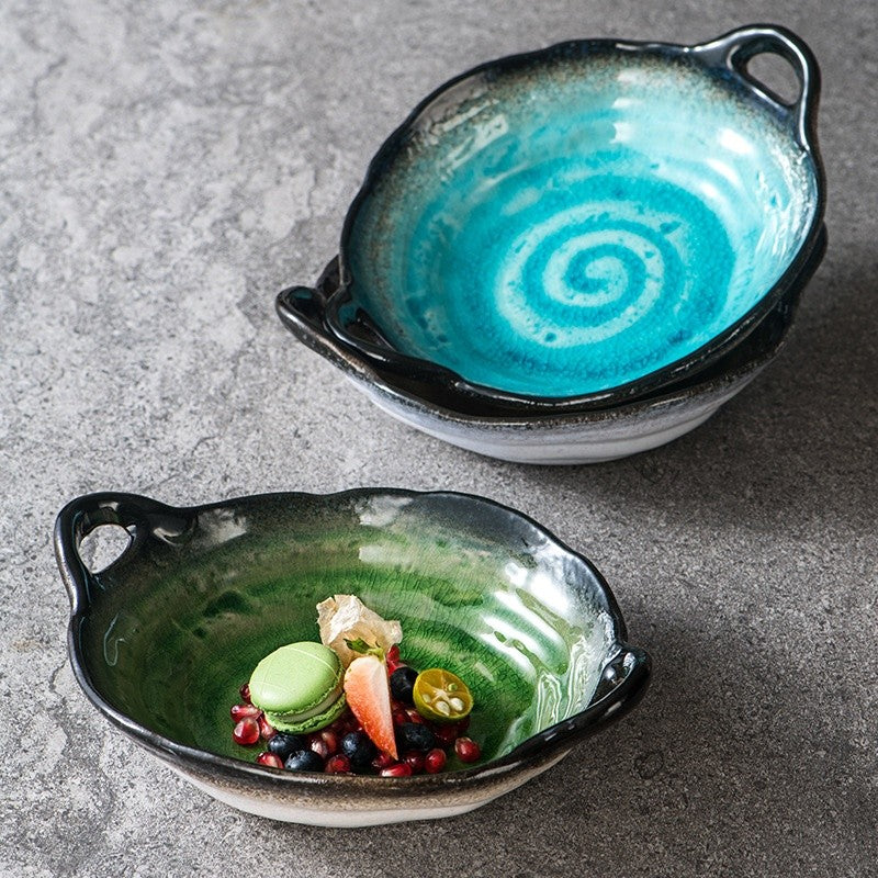 Double-Handle Ceramic Plate - Crackle Glaze