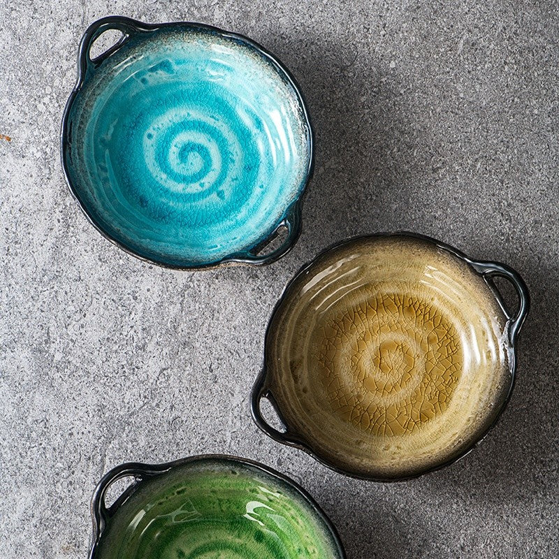Double-Handle Ceramic Plate - Crackle Glaze