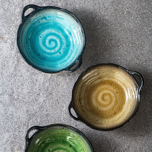 Double-Handle Ceramic Plate - Crackle Glaze