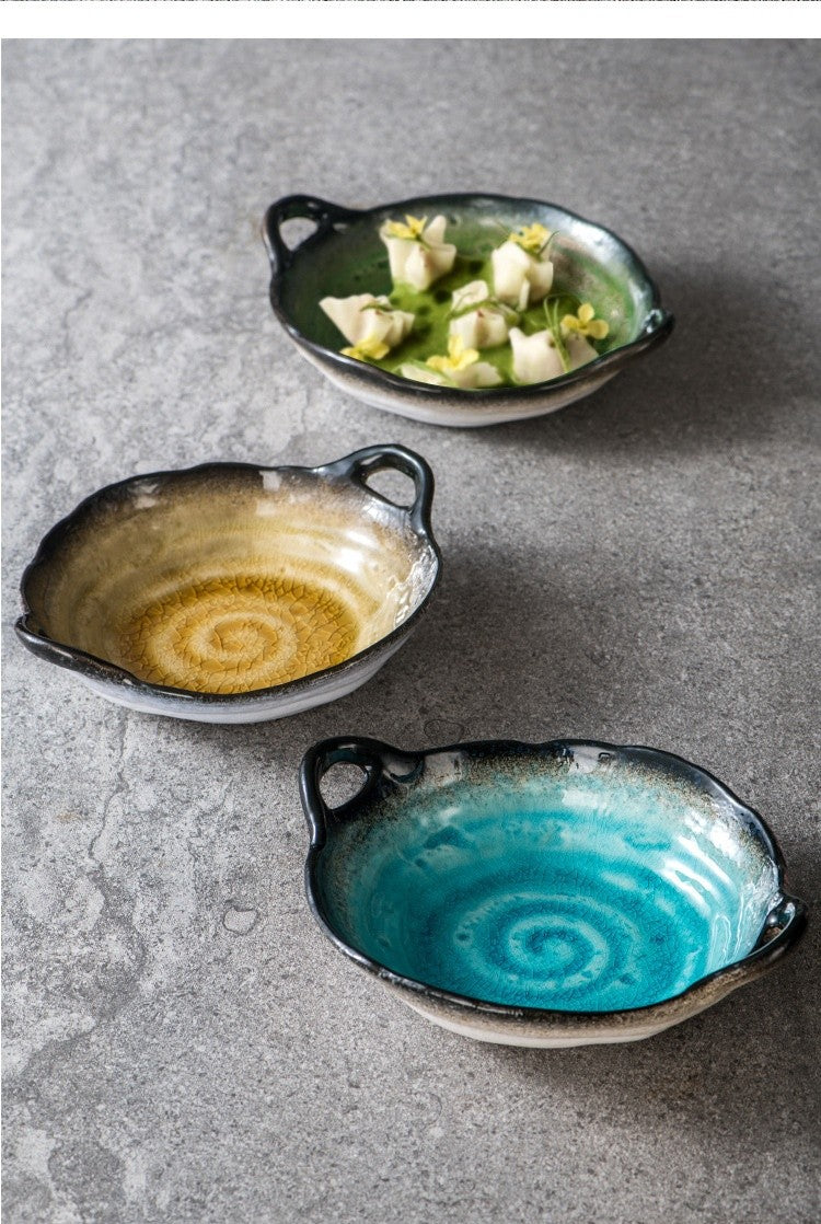 Double-Handle Ceramic Plate - Crackle Glaze