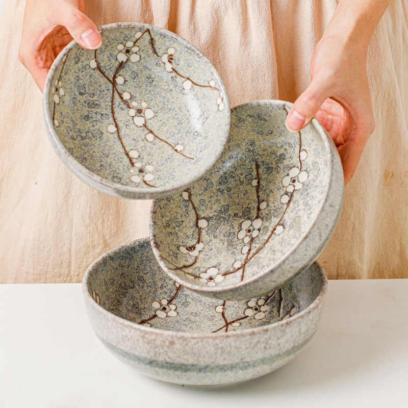 Japanese-Style Ceramic Bowl or Plate - Floral Underglaze Finish