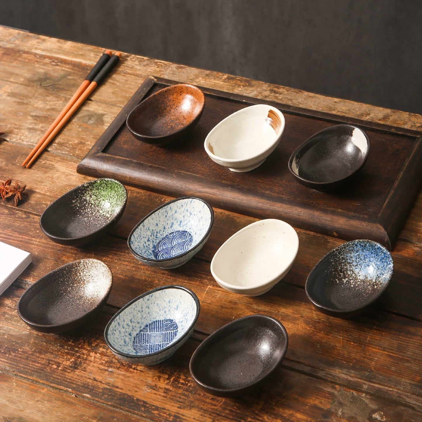 Japanese-Style Oval Ceramic Sauce Dish - Underglaze Finish