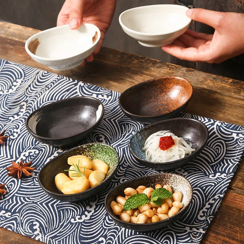 Japanese-Style Oval Ceramic Sauce Dish - Underglaze Finish