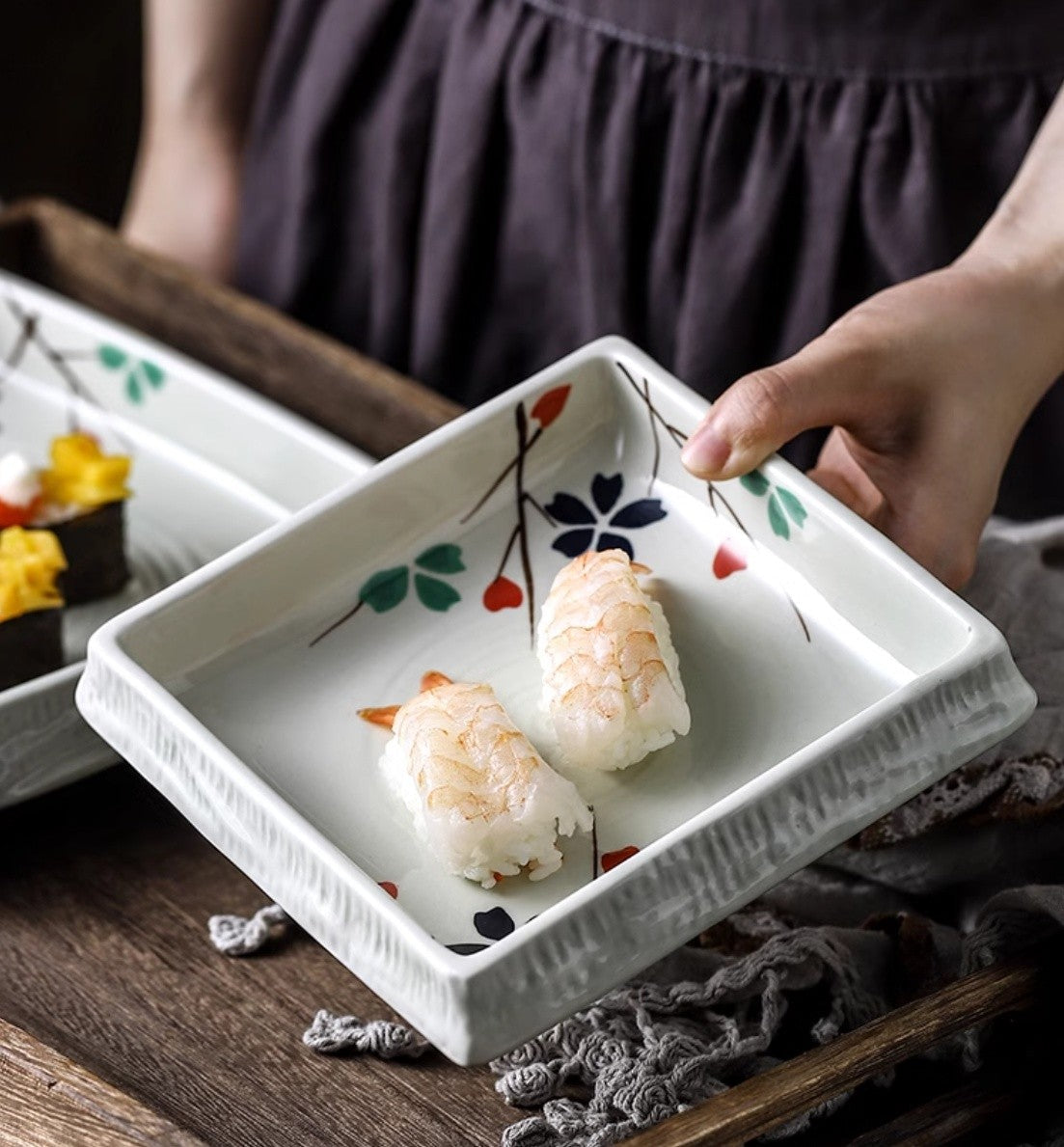 Square Ceramic Sushi Plate - Hand-Painted Finish