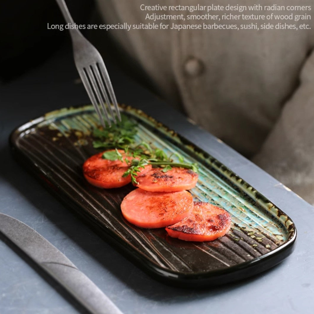 Rectangular Ceramic Sushi Platter - Wood-Grain Glaze