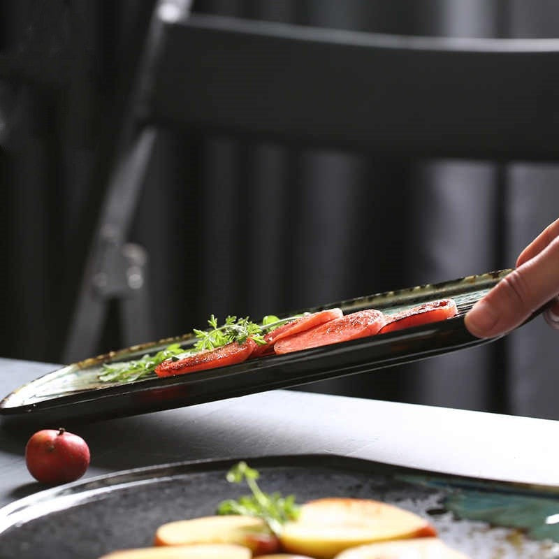 Rectangular Ceramic Sushi Platter - Wood-Grain Glaze